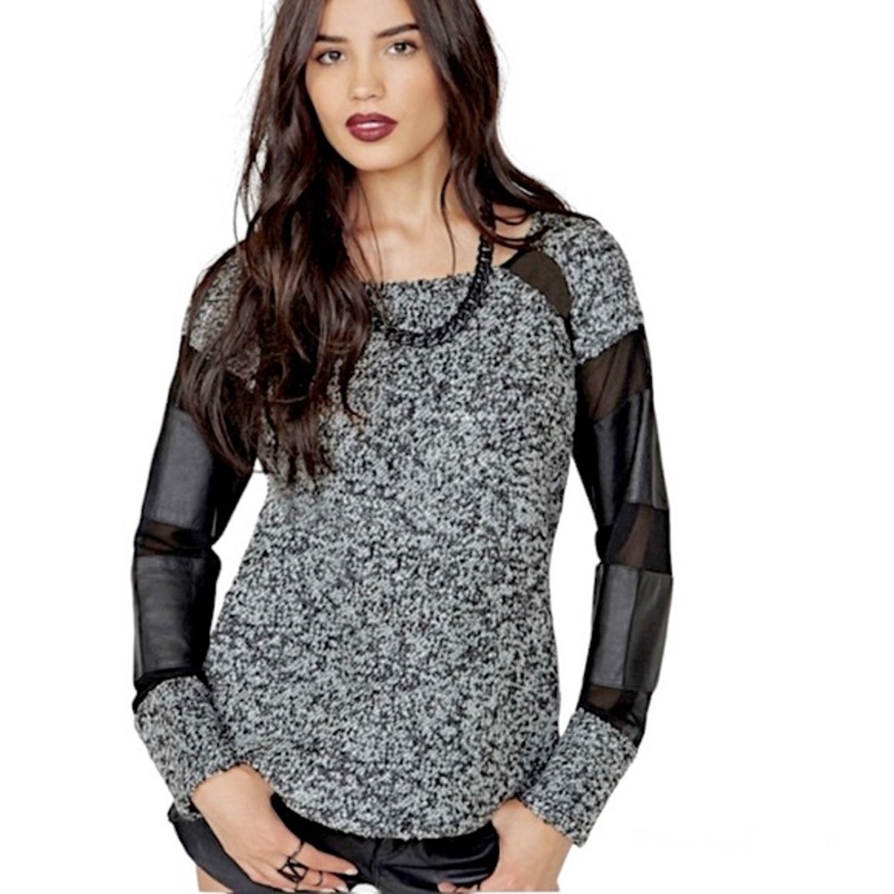 Nasty Gal Leather & Mesh Sleeve Marled Boucle Wool Sweater Gray Black XS Moto